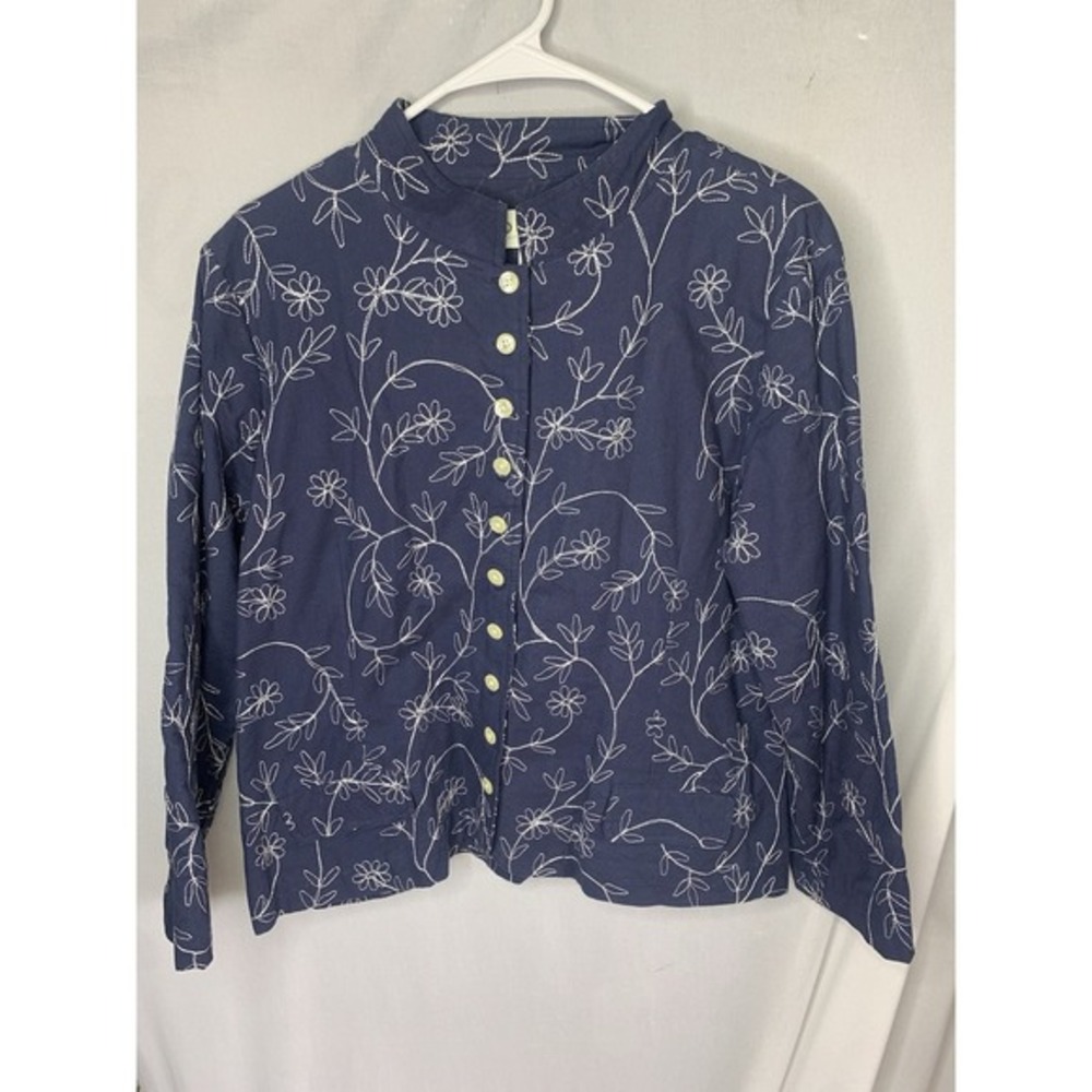 Women's‎ L Orvis Blue Floral Embroidered Button Down Cotton Blouse Cardigan